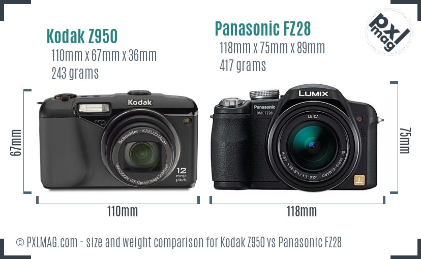 Kodak Z950 vs Panasonic FZ28 size comparison Kodak Z950 vs Panasonic FZ28 size comparison