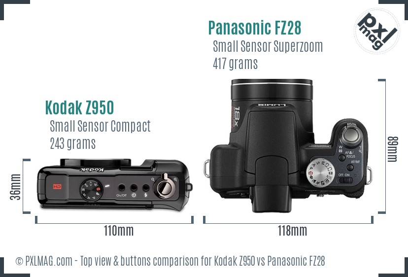 Kodak Z950 vs Panasonic FZ28 top view buttons comparison