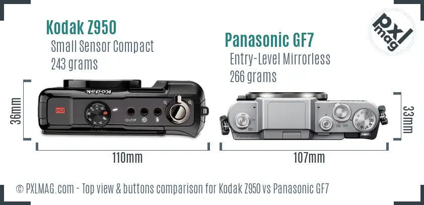 Kodak Z950 vs Panasonic GF7 top view buttons comparison