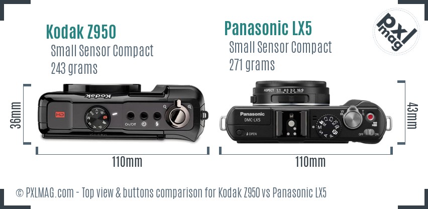 Kodak Z950 vs Panasonic LX5 top view buttons comparison