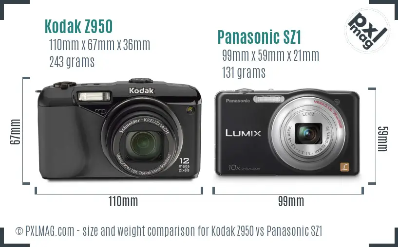 Kodak Z950 vs Panasonic SZ1 size comparison