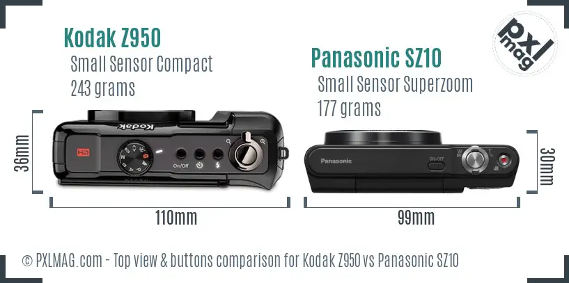 Kodak Z950 vs Panasonic SZ10 top view buttons comparison Kodak Z950 vs Panasonic SZ10 top view buttons comparison