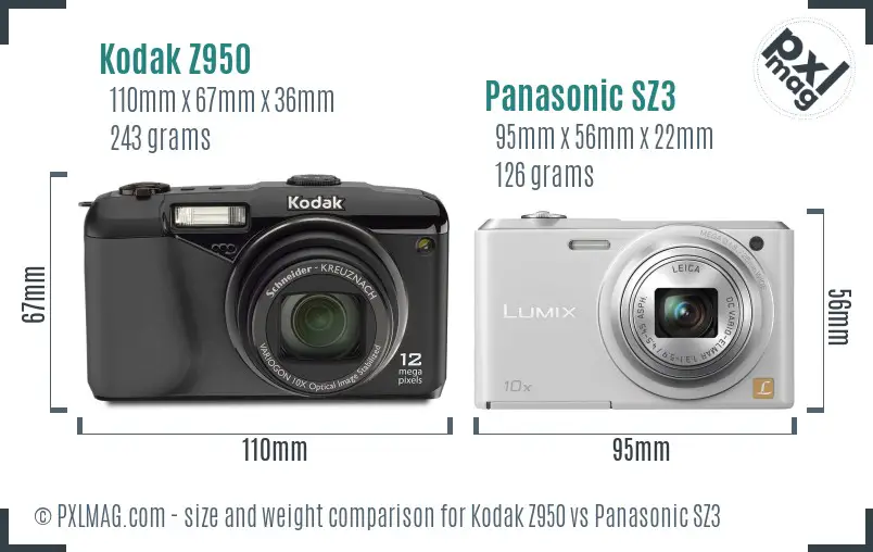Kodak Z950 vs Panasonic SZ3 size comparison