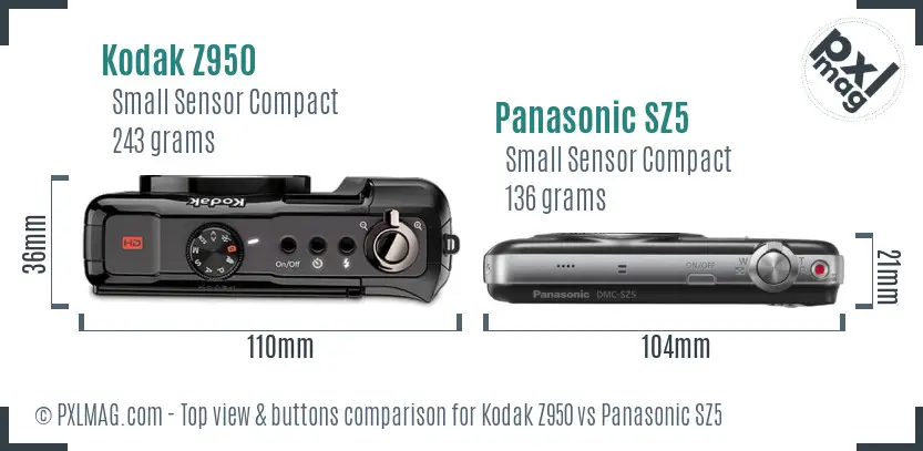 Kodak Z950 vs Panasonic SZ5 top view buttons comparison Kodak Z950 vs Panasonic SZ5 top view buttons comparison