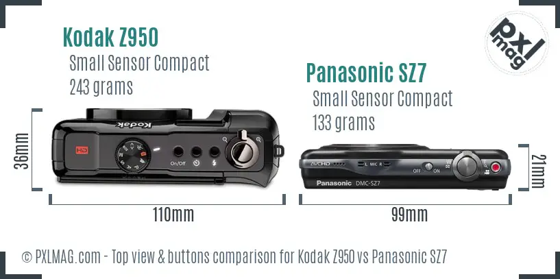 Kodak Z950 vs Panasonic SZ7 top view buttons comparison Kodak Z950 vs Panasonic SZ7 top view buttons comparison