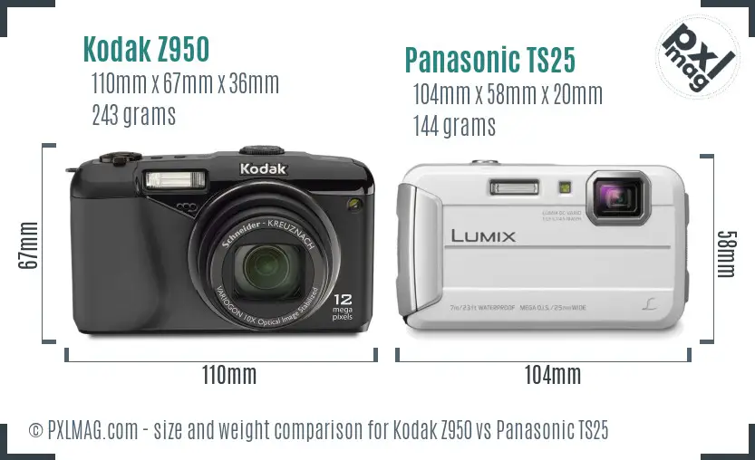 Kodak Z950 vs Panasonic TS25 size comparison