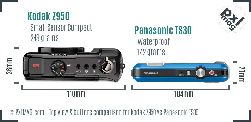 Kodak Z950 vs Panasonic TS30 top view buttons comparison Kodak Z950 vs Panasonic TS30 top view buttons comparison
