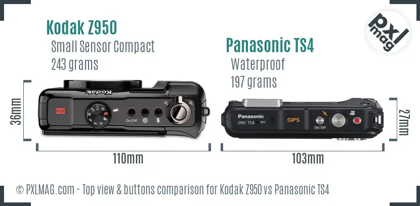Kodak Z950 vs Panasonic TS4 top view buttons comparison Kodak Z950 vs Panasonic TS4 top view buttons comparison