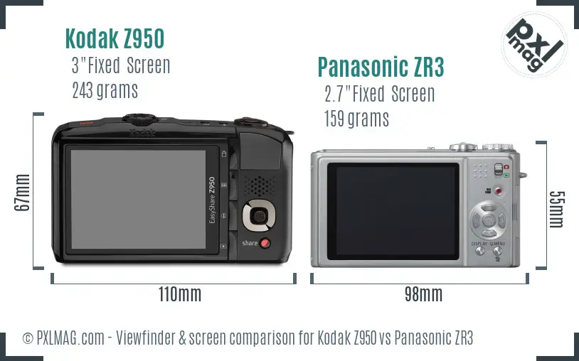 Kodak Z950 vs Panasonic ZR3 Screen and Viewfinder comparison