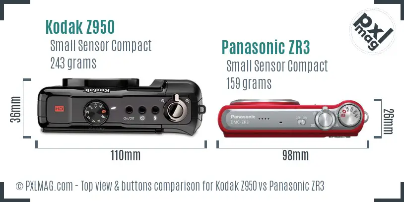 Kodak Z950 vs Panasonic ZR3 top view buttons comparison