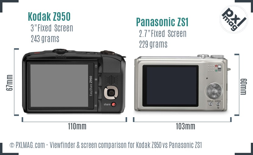Kodak Z950 vs Panasonic ZS1 Screen and Viewfinder comparison