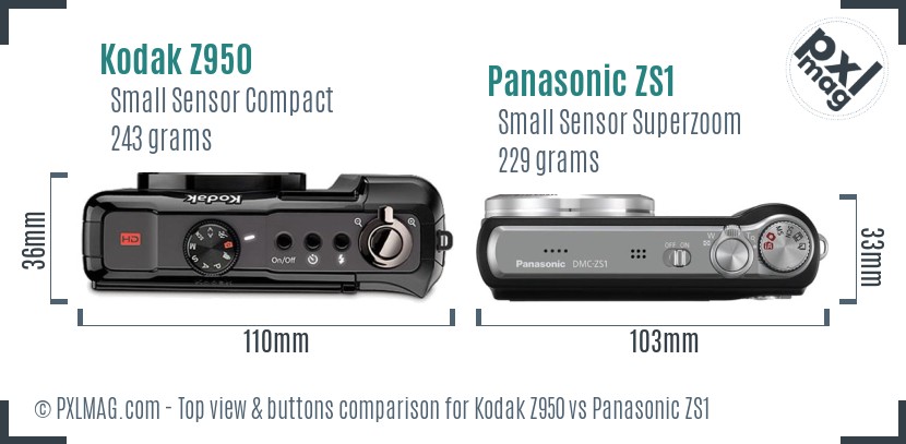 Kodak Z950 vs Panasonic ZS1 top view buttons comparison