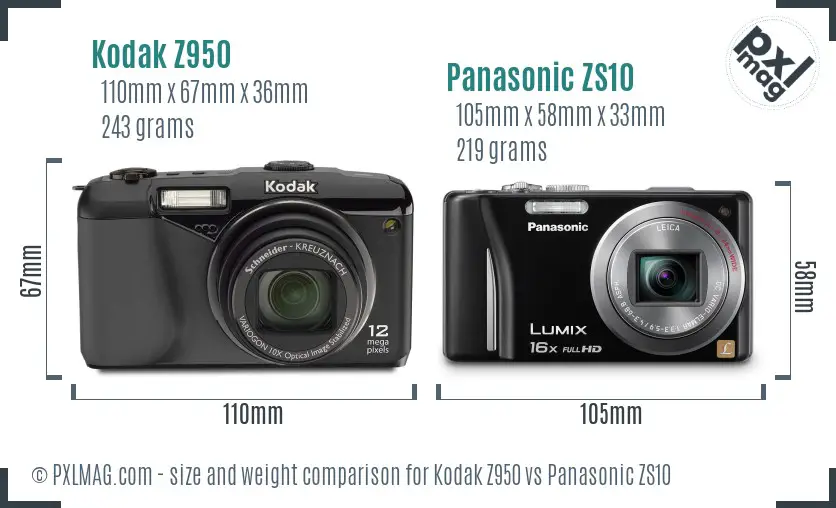 Kodak Z950 vs Panasonic ZS10 size comparison