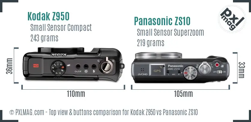 Kodak Z950 vs Panasonic ZS10 top view buttons comparison