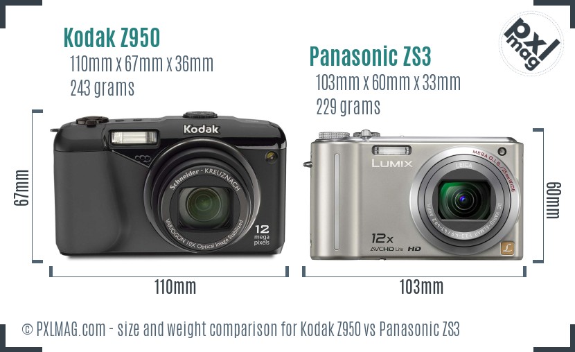 Kodak Z950 vs Panasonic ZS3 size comparison