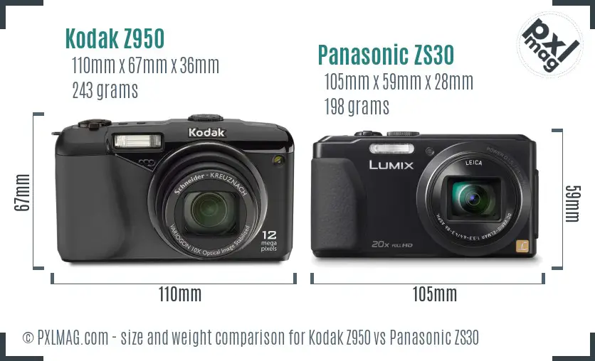 Kodak Z950 vs Panasonic ZS30 size comparison