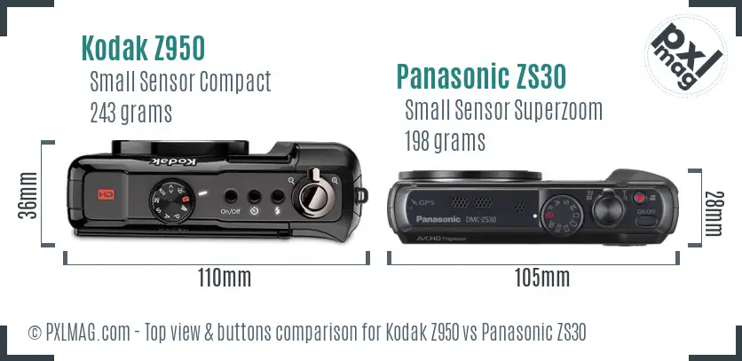 Kodak Z950 vs Panasonic ZS30 top view buttons comparison