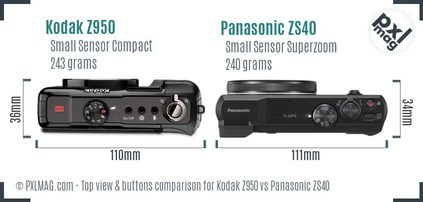 Kodak Z950 vs Panasonic ZS40 top view buttons comparison Kodak Z950 vs Panasonic ZS40 top view buttons comparison