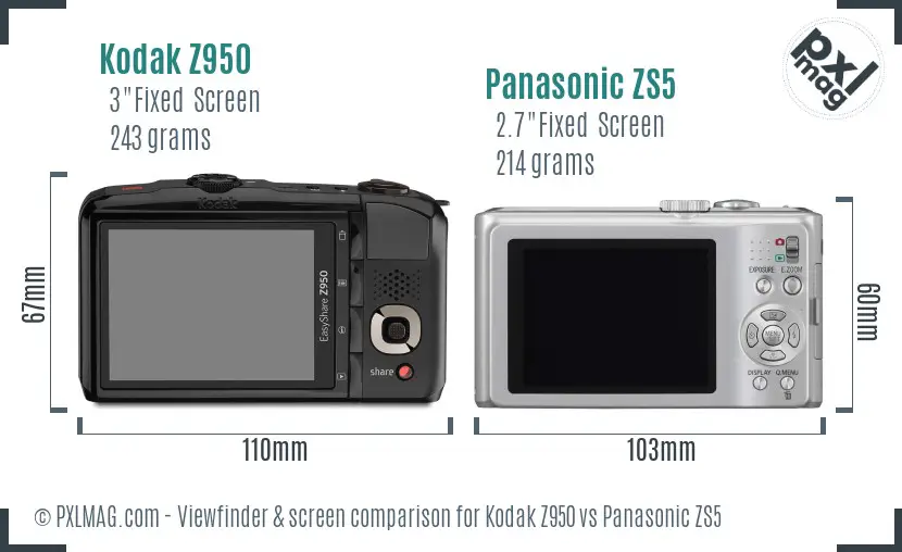 Kodak Z950 vs Panasonic ZS5 Screen and Viewfinder comparison