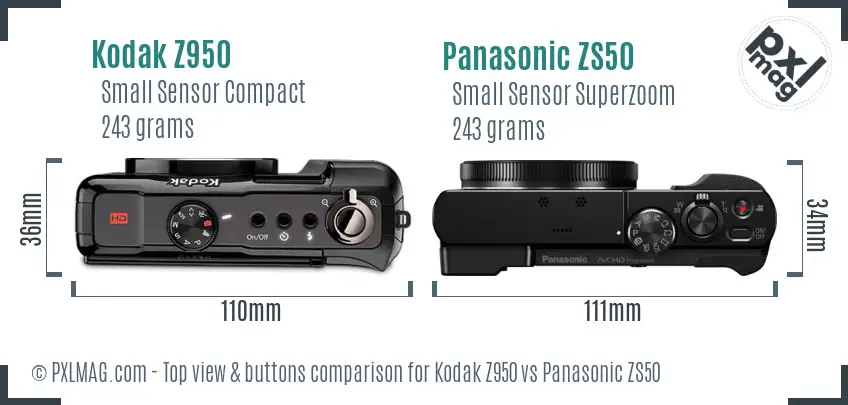 Kodak Z950 vs Panasonic ZS50 top view buttons comparison