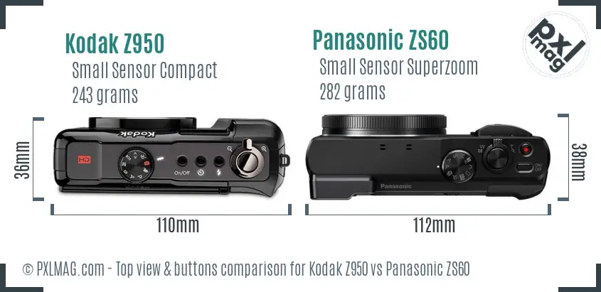 Kodak Z950 vs Panasonic ZS60 top view buttons comparison