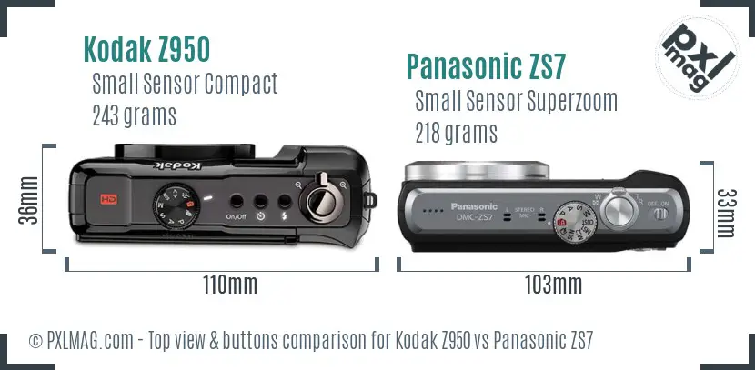 Kodak Z950 vs Panasonic ZS7 top view buttons comparison