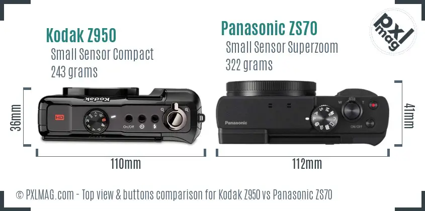 Kodak Z950 vs Panasonic ZS70 top view buttons comparison