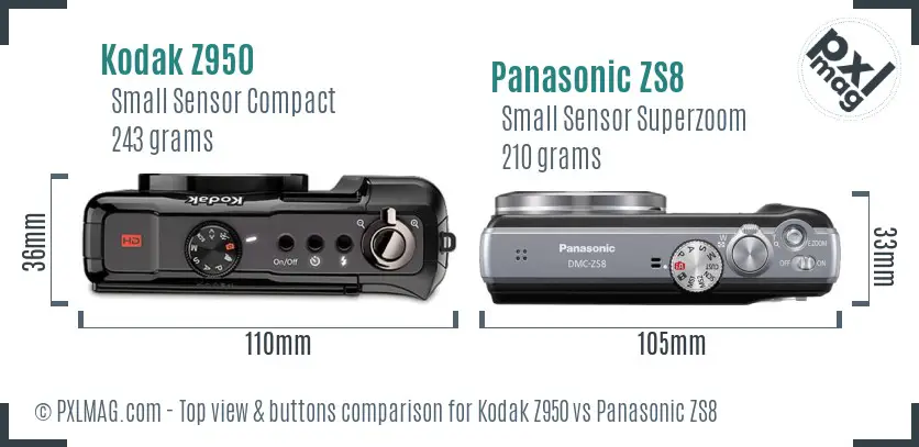 Kodak Z950 vs Panasonic ZS8 top view buttons comparison