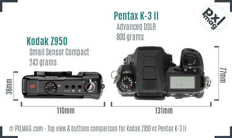 Kodak Z950 vs Pentax K-3 II top view buttons comparison
