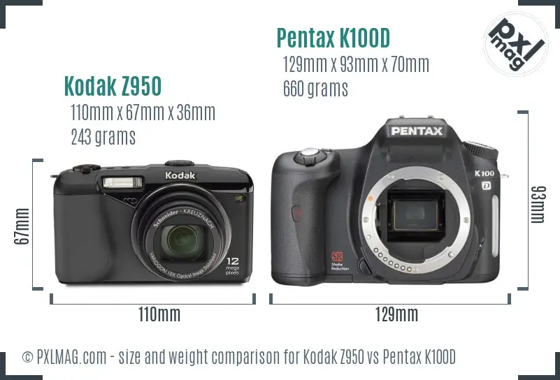 Kodak Z950 vs Pentax K100D size comparison