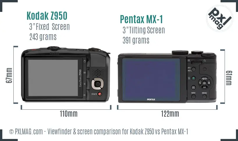 Kodak Z950 vs Pentax MX-1 Screen and Viewfinder comparison