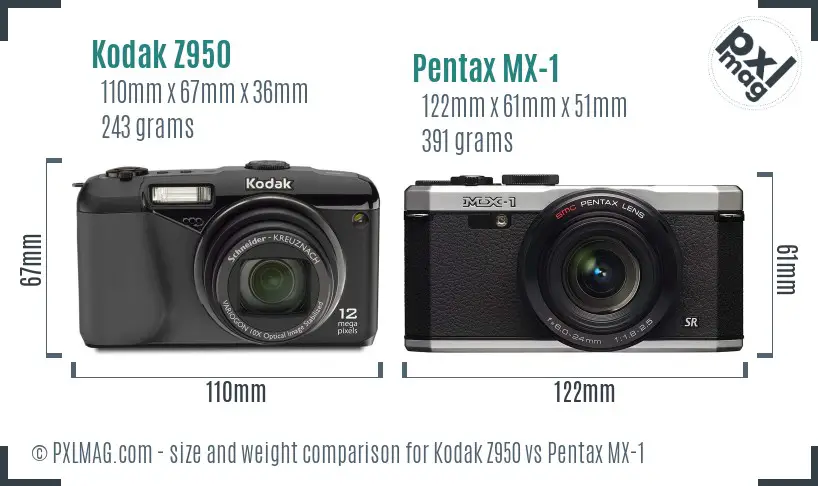 Kodak Z950 vs Pentax MX-1 size comparison