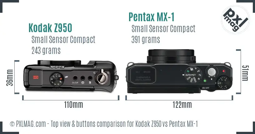Kodak Z950 vs Pentax MX-1 top view buttons comparison