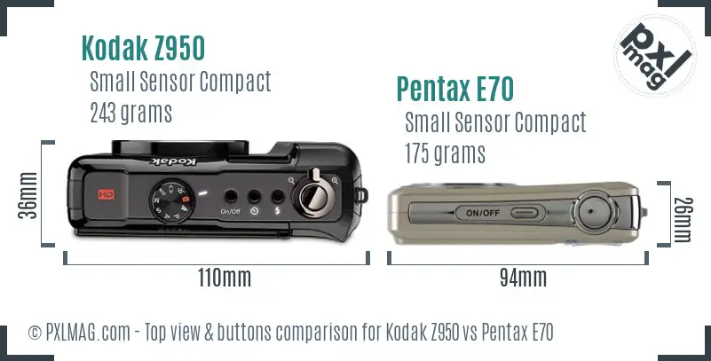 Kodak Z950 vs Pentax E70 top view buttons comparison Kodak Z950 vs Pentax E70 top view buttons comparison