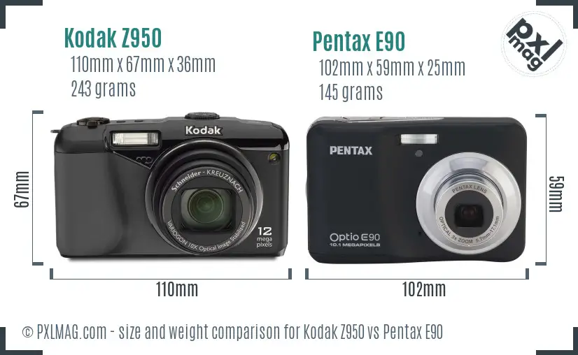 Kodak Z950 vs Pentax E90 size comparison