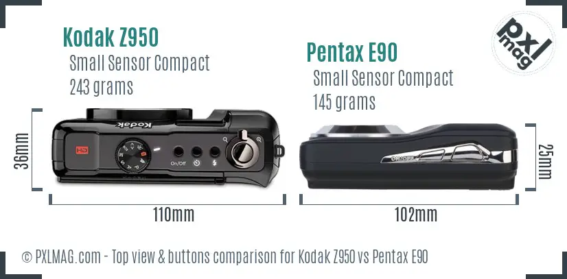 Kodak Z950 vs Pentax E90 top view buttons comparison