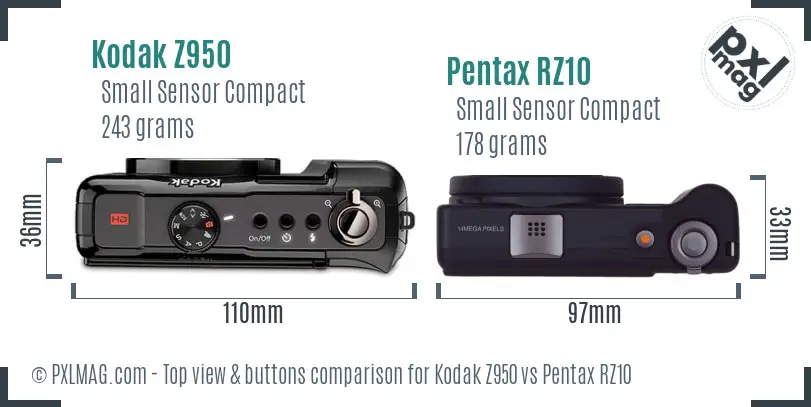 Kodak Z950 vs Pentax RZ10 top view buttons comparison