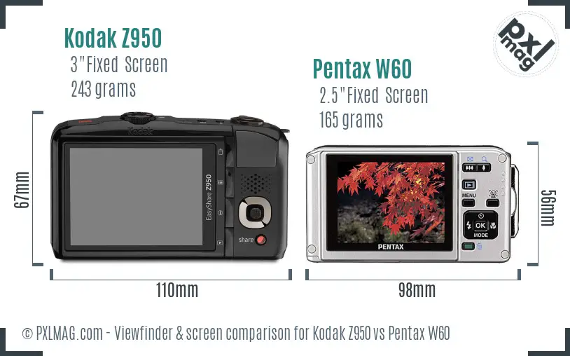 Kodak Z950 vs Pentax W60 Screen and Viewfinder comparison