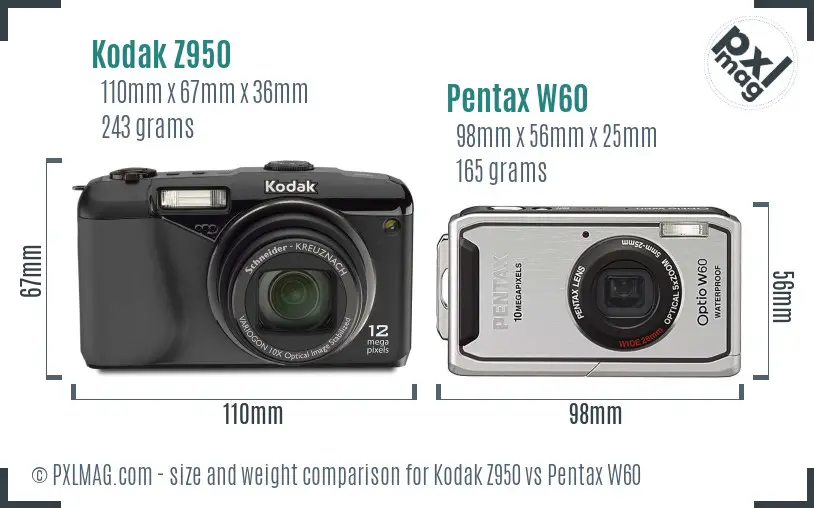 Kodak Z950 vs Pentax W60 size comparison