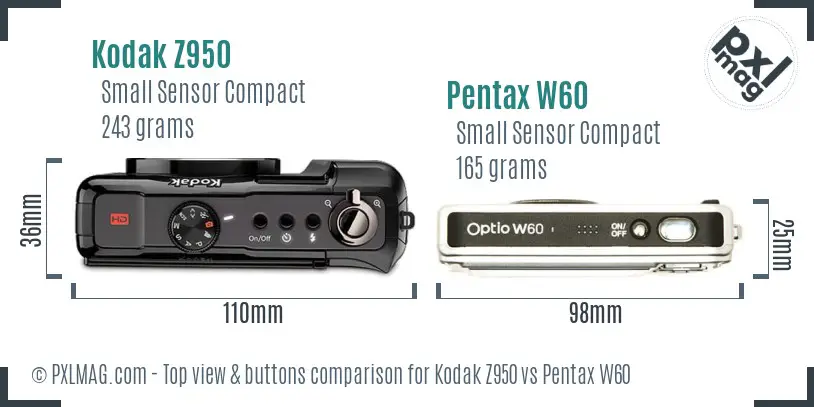 Kodak Z950 vs Pentax W60 top view buttons comparison