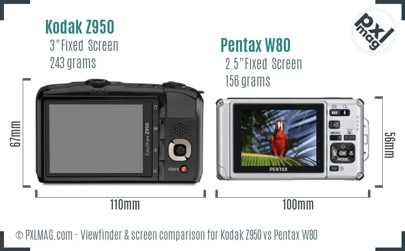 Kodak Z950 vs Pentax W80 Screen and Viewfinder comparison