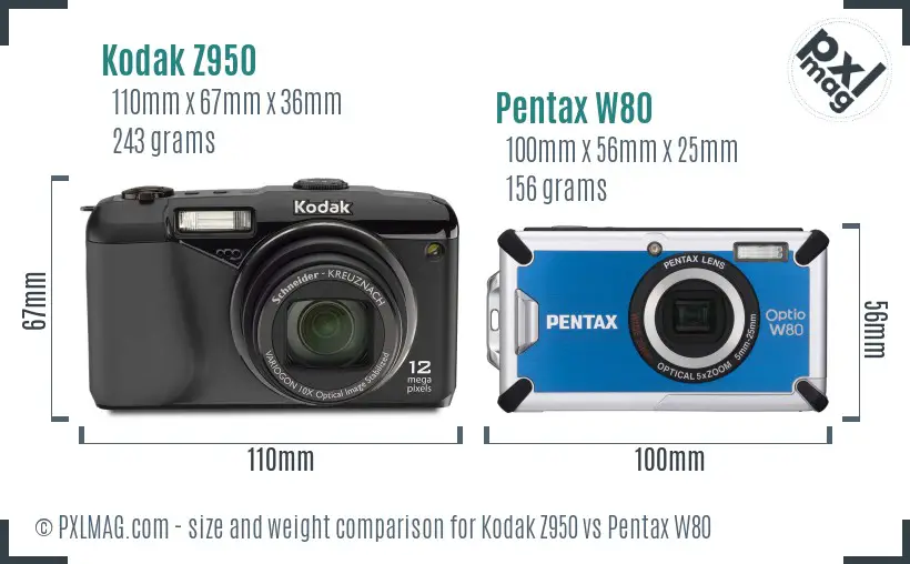 Kodak Z950 vs Pentax W80 size comparison