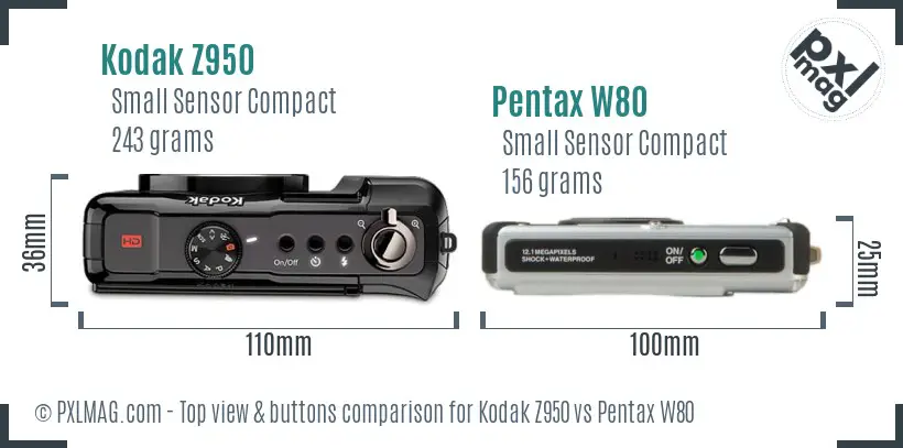 Kodak Z950 vs Pentax W80 top view buttons comparison