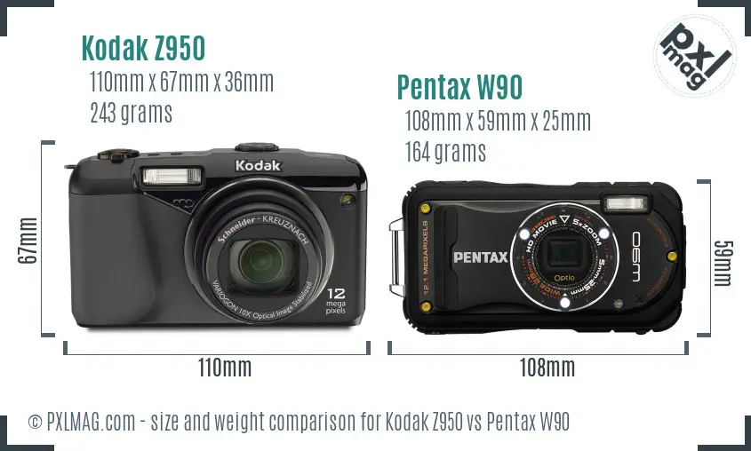 Kodak Z950 vs Pentax W90 size comparison
