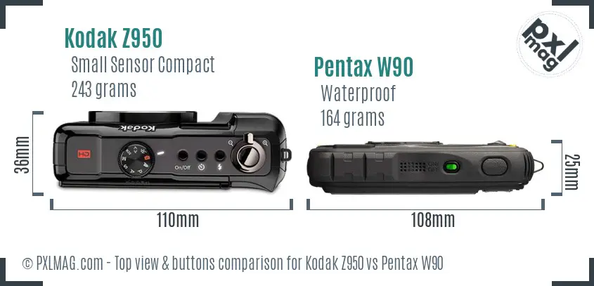 Kodak Z950 vs Pentax W90 top view buttons comparison