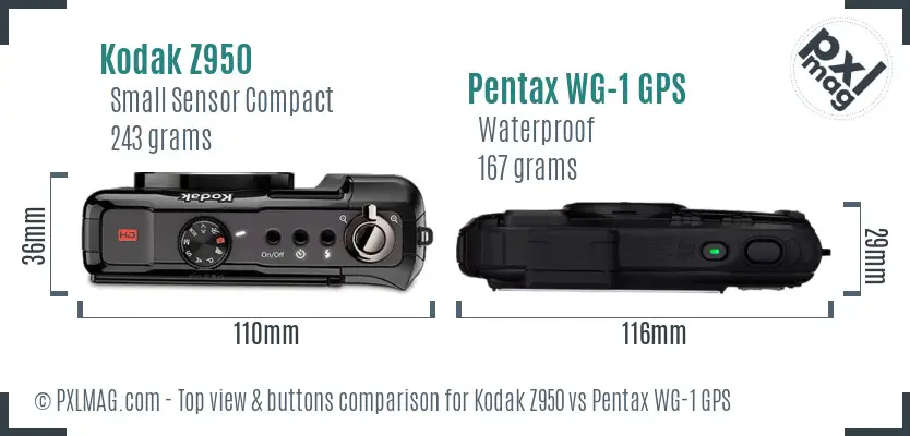 Kodak Z950 vs Pentax WG-1 GPS top view buttons comparison Kodak Z950 vs Pentax WG-1 GPS top view buttons comparison