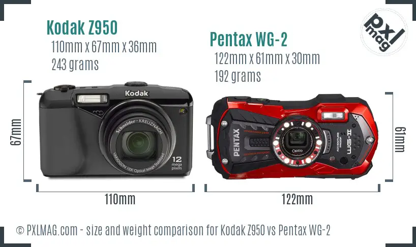 Kodak Z950 vs Pentax WG-2 size comparison