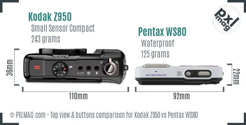 Kodak Z950 vs Pentax WS80 top view buttons comparison