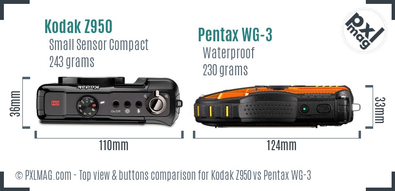 Kodak Z950 vs Pentax WG-3 top view buttons comparison