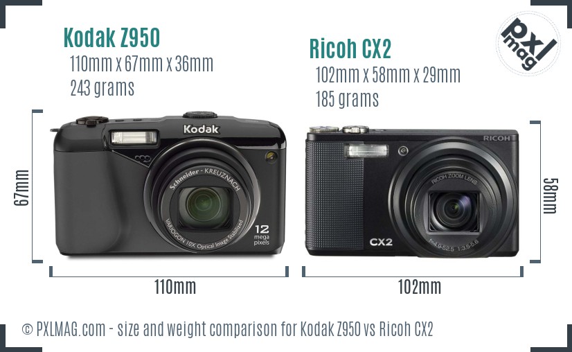 Kodak Z950 vs Ricoh CX2 size comparison